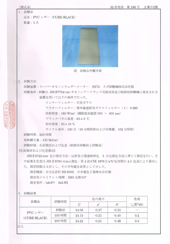 キューブレザー黒色の耐候性試験成績書