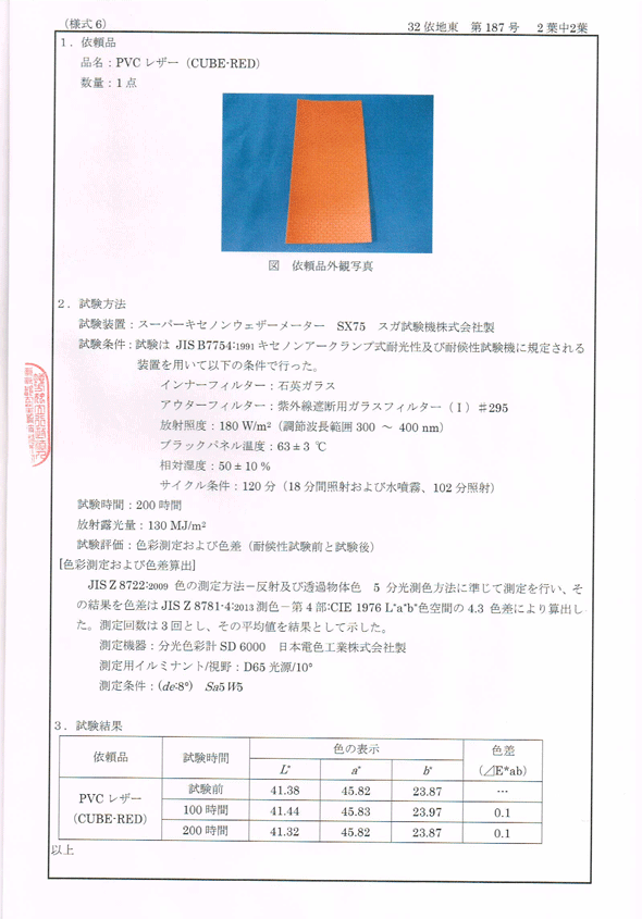 キューブレザー赤色の耐候性試験成績書