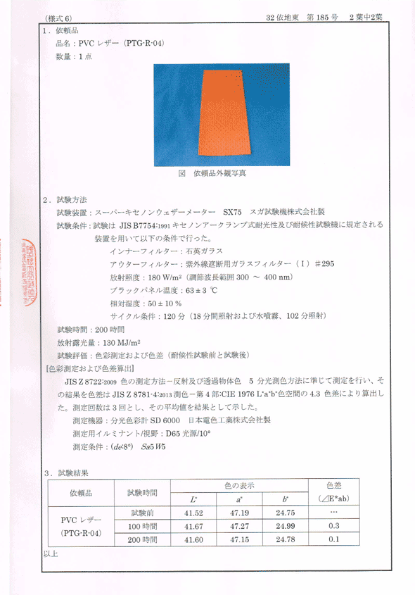 パンチングレザー赤色の耐候性試験成績書